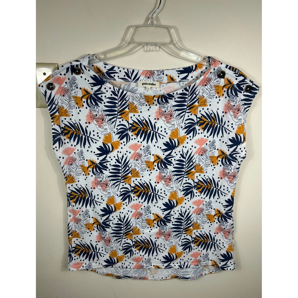 Grain de Malice Top Women L White Tropical Palm Leaf Coastal Botanical Chic BOHO